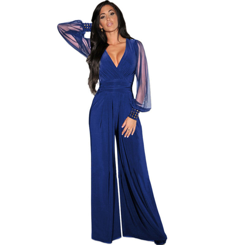 OKAYOASIS naujai seksualus moteriškas V formos kaklelis, ilgomis kniedėmis rankovėmis, elegantiškas vientisas plačios kojos laisvalaikio rudens kombinezonas, kombinezonas