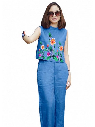 Elegantiškas laisvalaikio dviejų dalių rinkinys, skirtas moterims su raštu apvalia kaklą be rankovių, vientisas plačių kelnių kostiumas 2023 m. Prašmatnus biuro moteriškas apranga