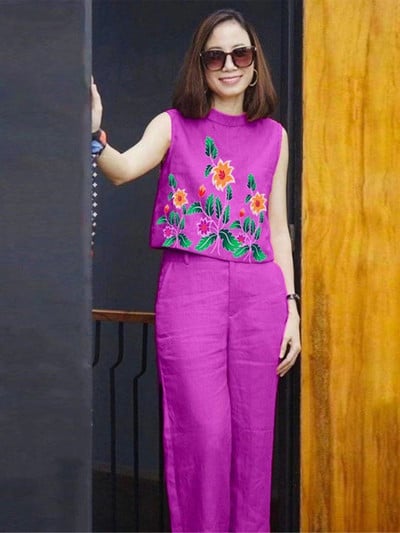 Elegantiškas laisvalaikio dviejų dalių rinkinys, skirtas moterims su raštu apvalia kaklą be rankovių, vientisas plačių kelnių kostiumas 2023 m. Prašmatnus biuro moteriškas apranga