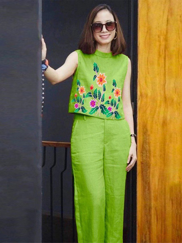 Elegantiškas laisvalaikio dviejų dalių rinkinys, skirtas moterims su raštu apvalia kaklą be rankovių, vientisas plačių kelnių kostiumas 2023 m. Prašmatnus biuro moteriškas apranga