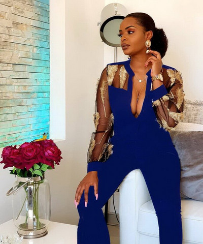 OKAYOASIS Seksi ženski kombinezon za zabave s dugim rukavima i dugim rukavima Ženski mrežasti kombinezon sa širokim nogavicama