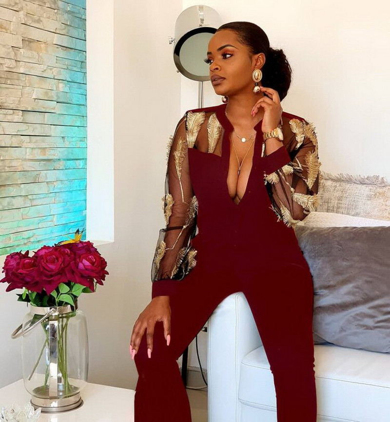 OKAYOASIS Seksi ženski kombinezon za zabave s dugim rukavima i dugim rukavima Ženski mrežasti kombinezon sa širokim nogavicama