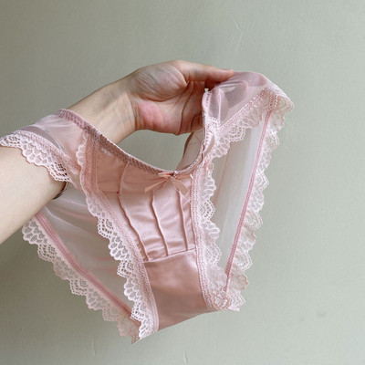 Chiloți din satin de epocă, culoare solidă, lenjerie de corp respirabilă, femei, franceză, sexy, din dantela, cu fundă, lenjerie de femeie, cu talie mijlocie, slip subțire din plasă nou