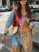 Naiste vintage trükitud lipsuvärvi pükste ülikond naiste üherealine pluus sirge, pikad avarad püksid Daami suvised Boho pükste komplektid