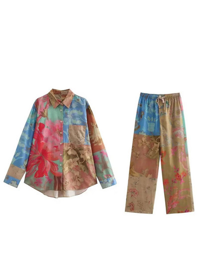 Naiste vintage trükitud lipsuvärvi pükste ülikond naiste üherealine pluus sirge, pikad avarad püksid Daami suvised Boho pükste komplektid