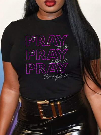 Tricou LW Plus Size Tricou Decor cu strasuri Tricou casual cu mânecă scurtă pentru femei Topuri Îmbrăcăminte de vară pentru femei transport gratuit