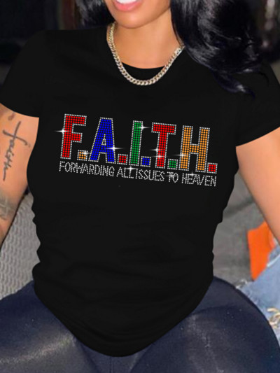 Tricou LW Plus Size Tricou Decor cu strasuri Tricou casual cu mânecă scurtă pentru femei Topuri Îmbrăcăminte de vară pentru femei transport gratuit