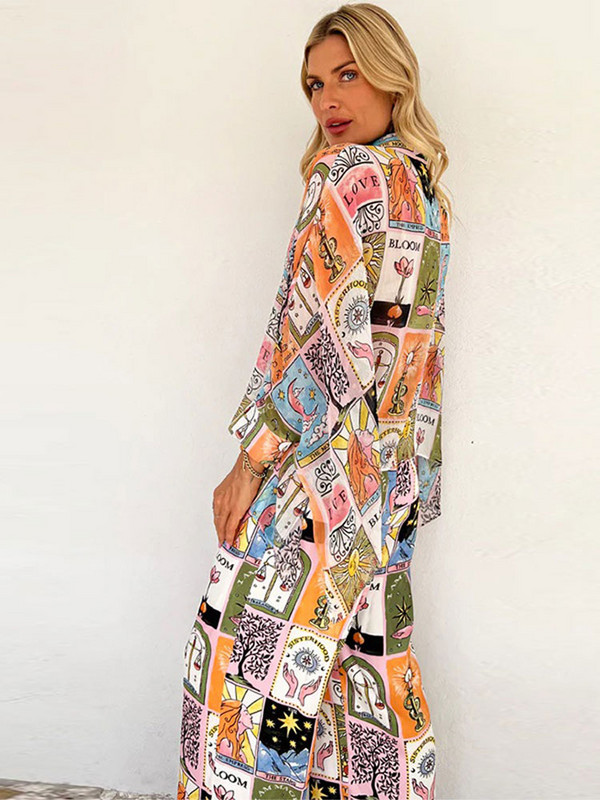 Dviejų dalių rinkinys su madingomis spalvomis margintais moteriškais marškinėliais ilgomis rankovėmis, laisvi, plačių kelnių kostiumai, moteriški elegantiški priežastiniai drabužiai