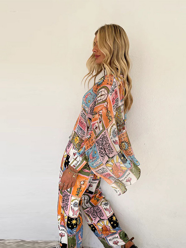 Dviejų dalių rinkinys su madingomis spalvomis margintais moteriškais marškinėliais ilgomis rankovėmis, laisvi, plačių kelnių kostiumai, moteriški elegantiški priežastiniai drabužiai