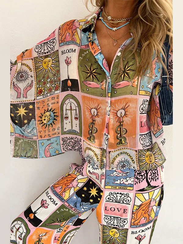 Dviejų dalių rinkinys su madingomis spalvomis margintais moteriškais marškinėliais ilgomis rankovėmis, laisvi, plačių kelnių kostiumai, moteriški elegantiški priežastiniai drabužiai