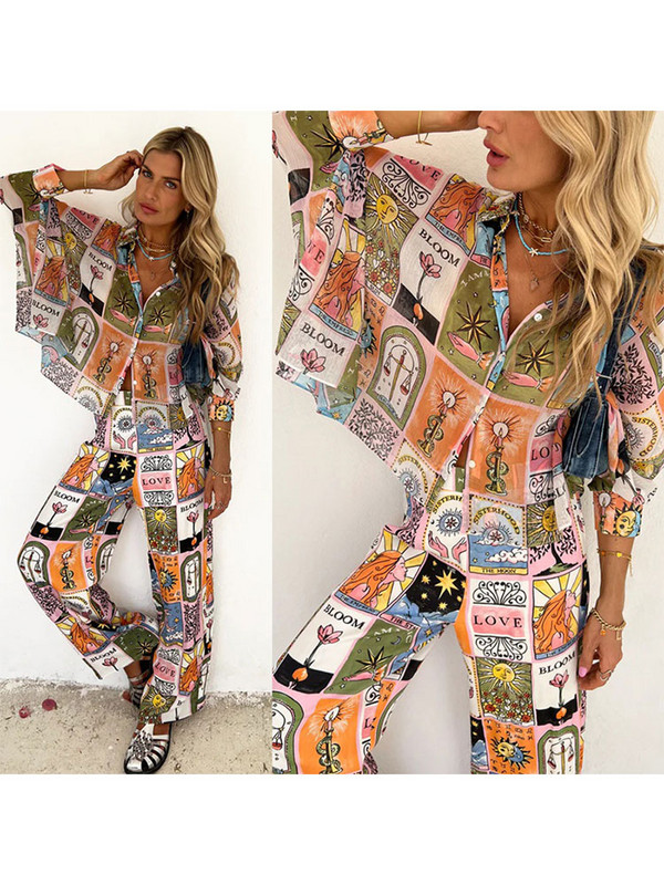 Dviejų dalių rinkinys su madingomis spalvomis margintais moteriškais marškinėliais ilgomis rankovėmis, laisvi, plačių kelnių kostiumai, moteriški elegantiški priežastiniai drabužiai