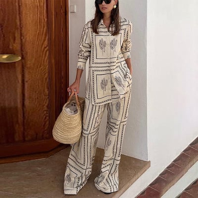 Spausdintų marškinių kelnaičių 2 dalių rinkinys Moteriški marškiniai ilgomis rankovėmis su apykakle su mygtukais ir tiesių plačių kelnių kostiumas, moteriškas 2023 m.