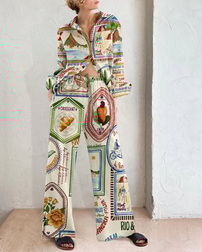 Spausdintų marškinių kelnaičių 2 dalių rinkinys Moteriški marškiniai ilgomis rankovėmis su apykakle su mygtukais ir tiesių plačių kelnių kostiumas, moteriškas 2023 m.