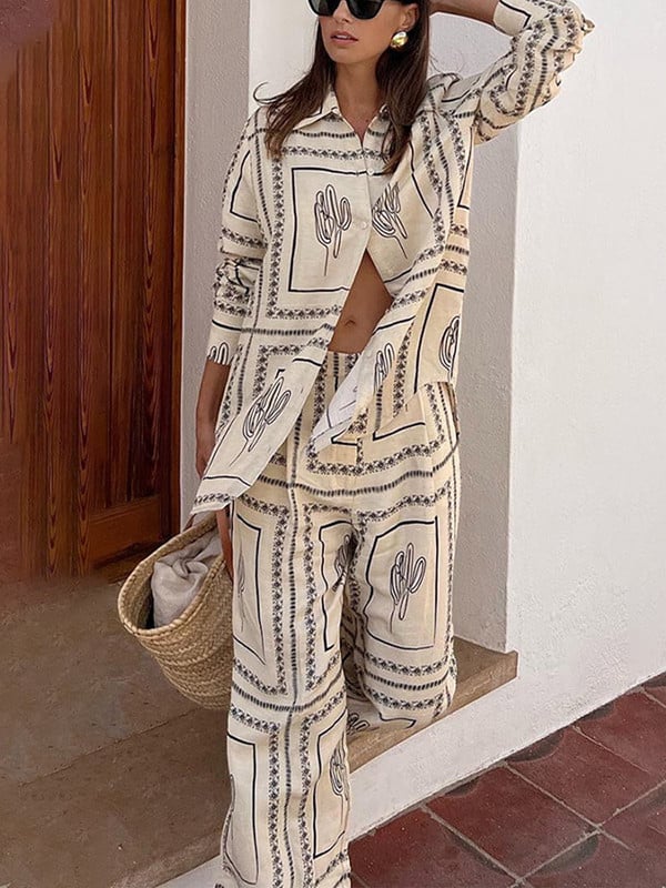 Spausdintų marškinių kelnaičių 2 dalių rinkinys Moteriški marškiniai ilgomis rankovėmis su apykakle su mygtukais ir tiesių plačių kelnių kostiumas, moteriškas 2023 m.