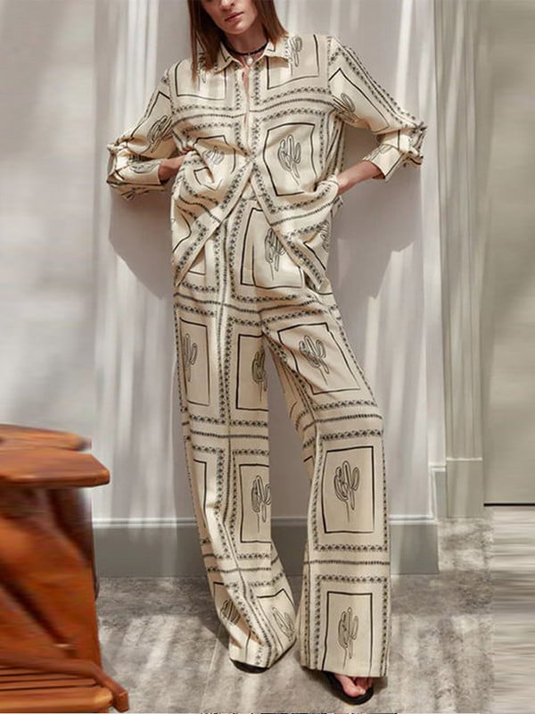 Spausdintų marškinių kelnaičių 2 dalių rinkinys Moteriški marškiniai ilgomis rankovėmis su apykakle su mygtukais ir tiesių plačių kelnių kostiumas, moteriškas 2023 m.