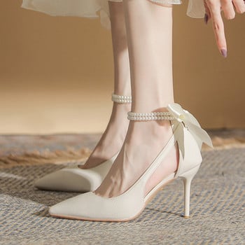 Елегантни дамски помпи с бели перли и каишка около глезена за сватба Дамски копринени обувки с папийонка на гърба Високи обувки с високи токчета Дамски обувки пролет 2023 г.