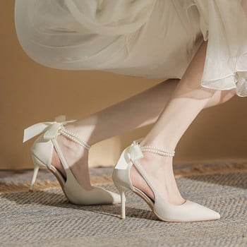 Κομψές γυναικείες λευκές πέρλες λουράκια αστραγάλου για γυναίκες γάμου Παπιγιόν με ψηλό τακούνι στιλέτο Γυναικεία άνοιξη 2023