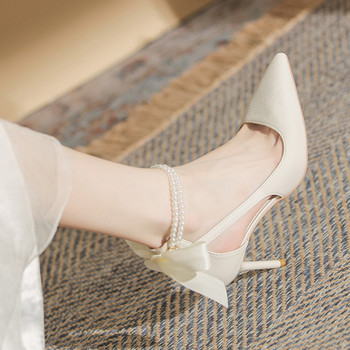 Κομψές γυναικείες λευκές πέρλες λουράκια αστραγάλου για γυναίκες γάμου Παπιγιόν με ψηλό τακούνι στιλέτο Γυναικεία άνοιξη 2023
