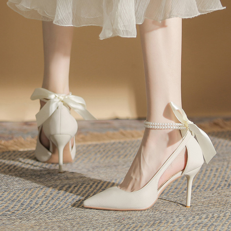 Κομψές γυναικείες λευκές πέρλες λουράκια αστραγάλου για γυναίκες γάμου Παπιγιόν με ψηλό τακούνι στιλέτο Γυναικεία άνοιξη 2023