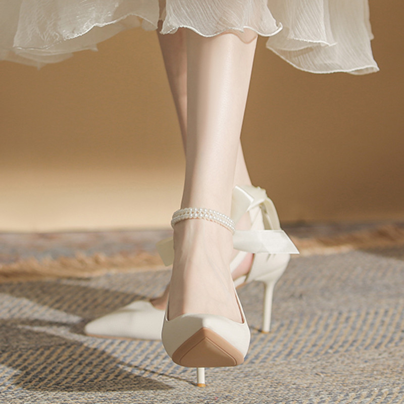 Κομψές γυναικείες λευκές πέρλες λουράκια αστραγάλου για γυναίκες γάμου Παπιγιόν με ψηλό τακούνι στιλέτο Γυναικεία άνοιξη 2023