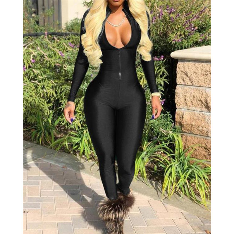 Dámske overaly s veľkými zipsami, úzky overal s vysokou elasticitou, sexy overal s dlhým rukávom a dlhým rukávom.