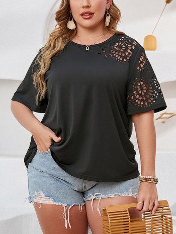 Finjani Plus Size Summer Geo Cut Out Γυναικείο μπλουζάκι με κοντομάνικο μασίφ σιφόν Γυναικεία μπλουζάκια με λαιμόκοψη