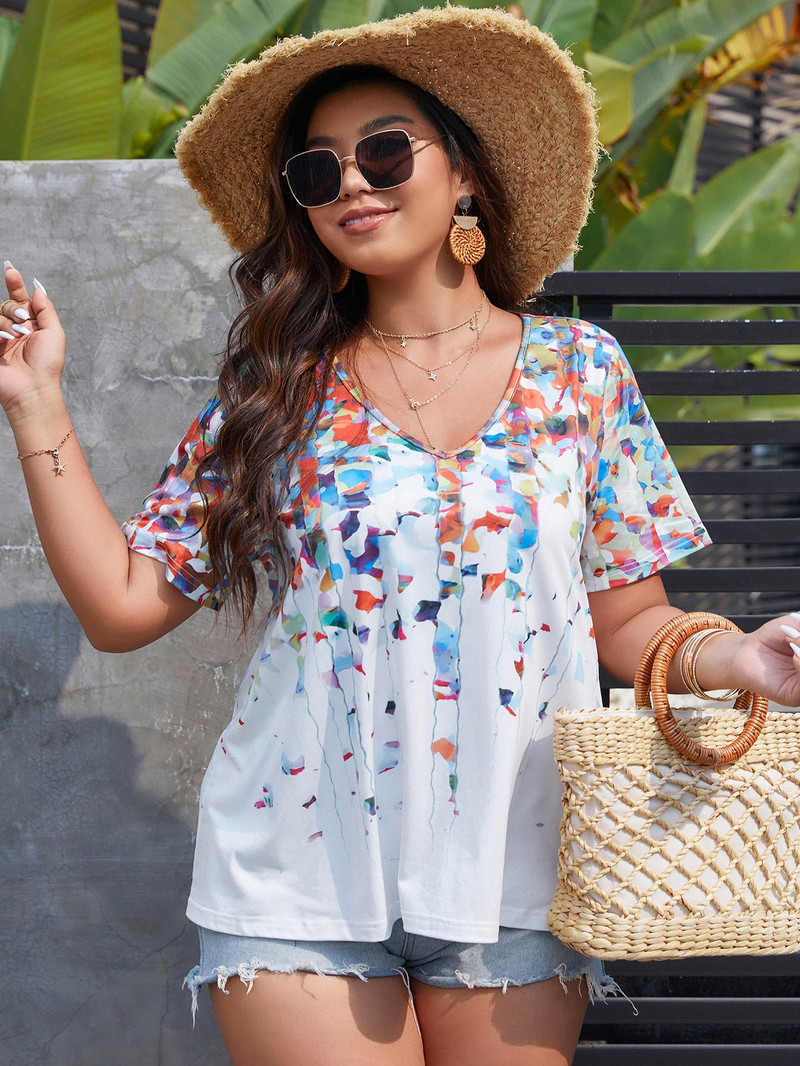 Finjani Ženska ljetna, ležerna majica s V-izrezom i grafičkim printom, široka, kratkih rukava