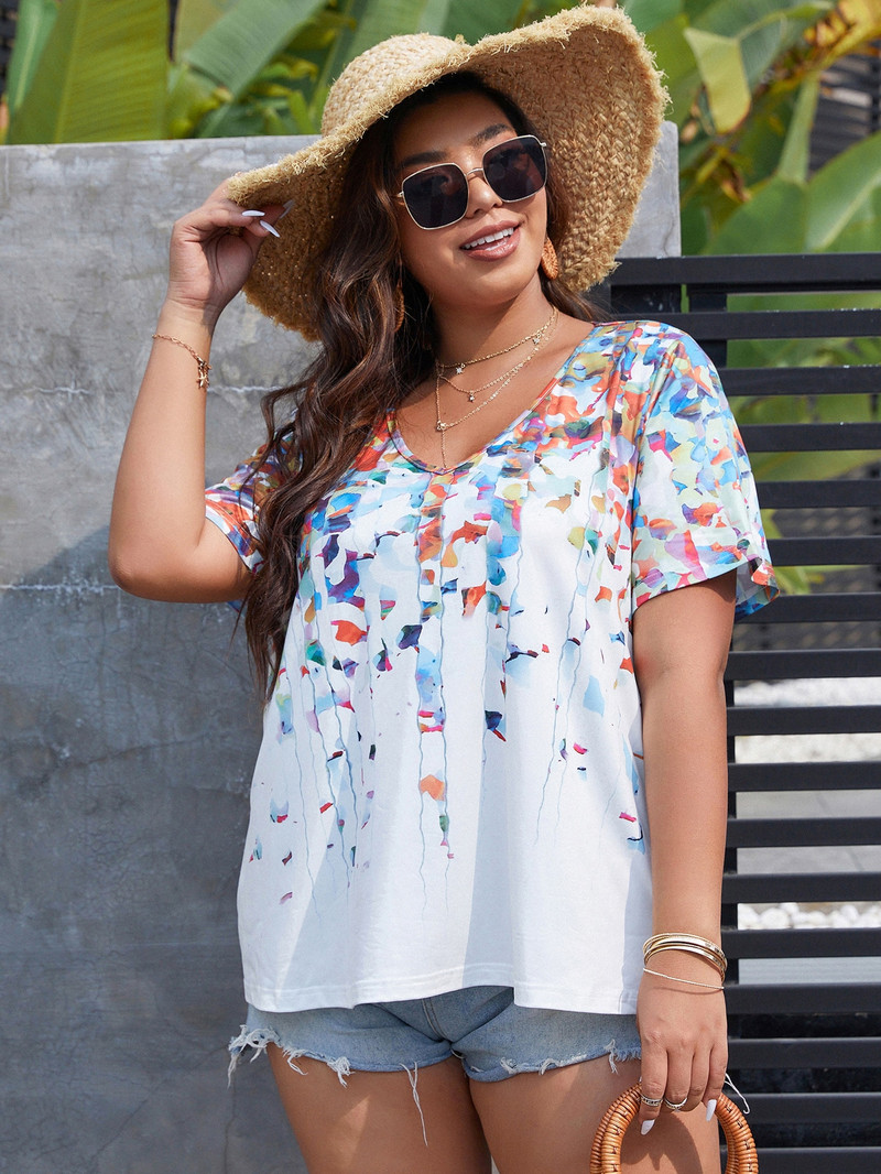 Finjani Ženska ljetna, ležerna majica s V-izrezom i grafičkim printom, široka, kratkih rukava