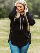 Jesenska ležerna majica velikih veličina, ženska plus jednobojna dugmad s dugim rukavima, okruglim izrezom, asimetričnim porubom, lagano rastezljiva gornja tunika