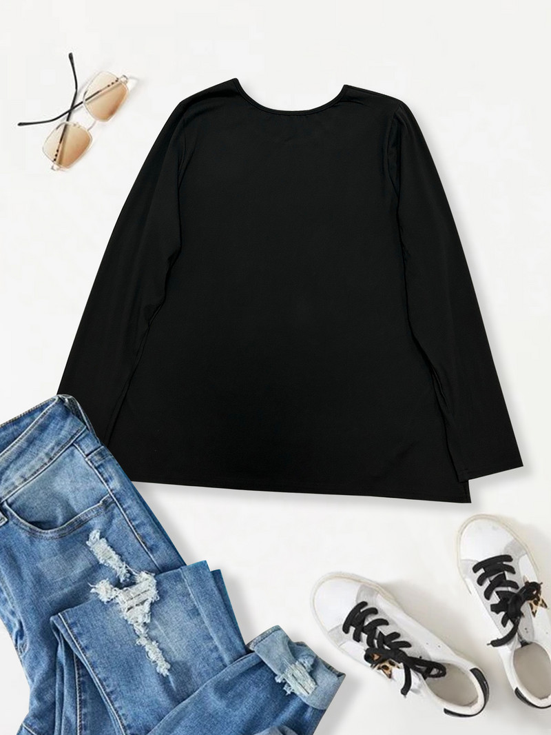 Jesenska ležerna majica velikih veličina, ženska plus jednobojna dugmad s dugim rukavima, okruglim izrezom, asimetričnim porubom, lagano rastezljiva gornja tunika