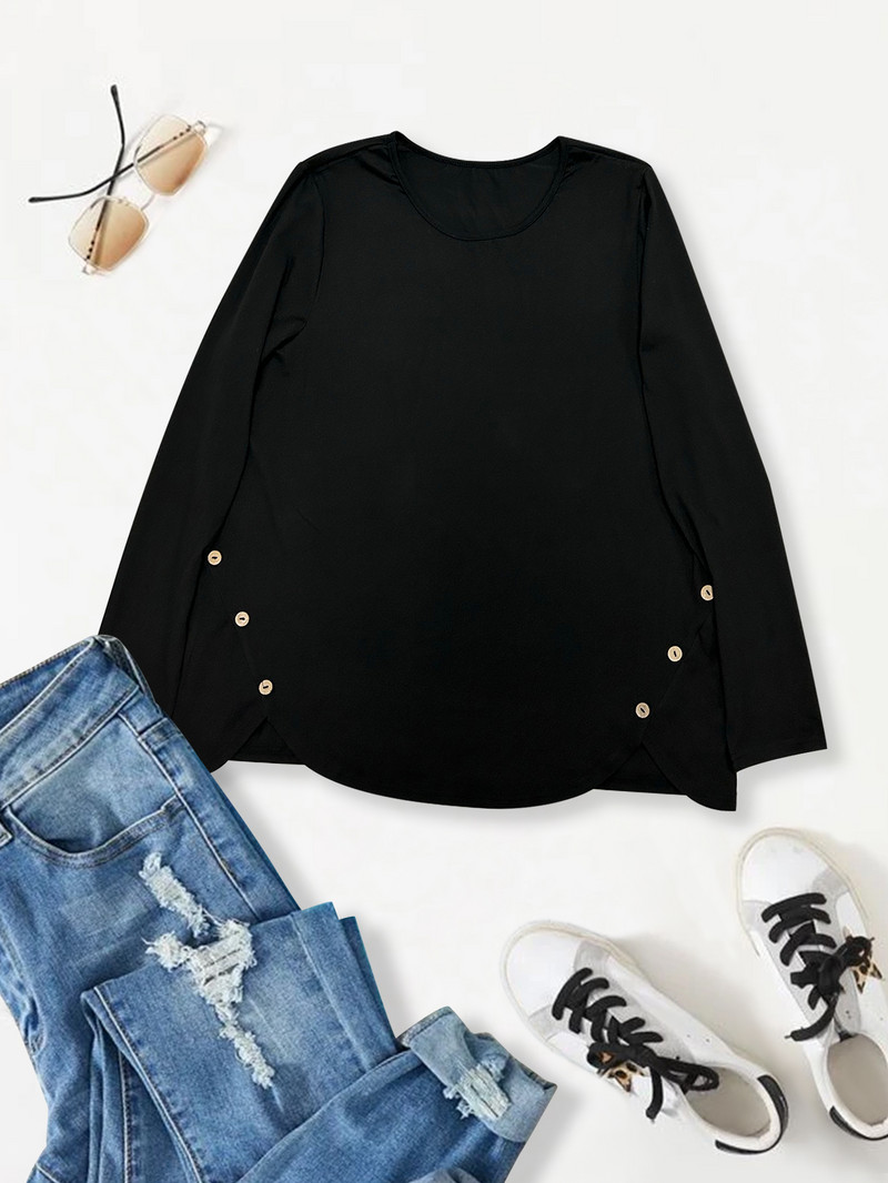 Jesenska ležerna majica velikih veličina, ženska plus jednobojna dugmad s dugim rukavima, okruglim izrezom, asimetričnim porubom, lagano rastezljiva gornja tunika