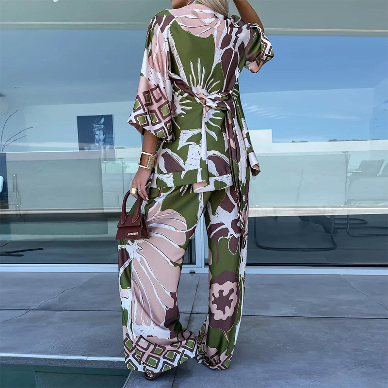 Modni ležerni boemski print široki set za plažu Proljetni odijela širokih nogavica s dugim hlačama Jesenska ženska odjevna kombinacija košulje s četvrtastim rukavima