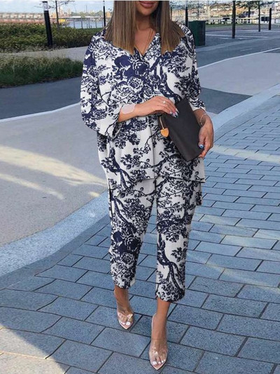 Moda de toamnă 2023 Set nou pentru femei Noua colecție asortată Cămașă cu imprimeu cu guler polo cu talie înaltă, pantaloni largi Set două piese