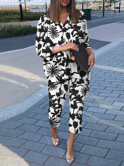 Moda de toamnă 2023 Set nou pentru femei Noua colecție asortată Cămașă cu imprimeu cu guler polo cu talie înaltă, pantaloni largi Set două piese