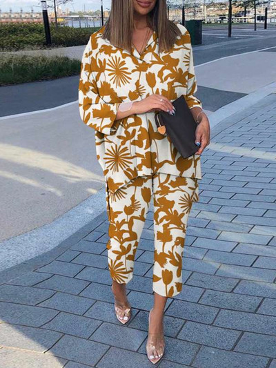 Moda de toamnă 2023 Set nou pentru femei Noua colecție asortată Cămașă cu imprimeu cu guler polo cu talie înaltă, pantaloni largi Set două piese