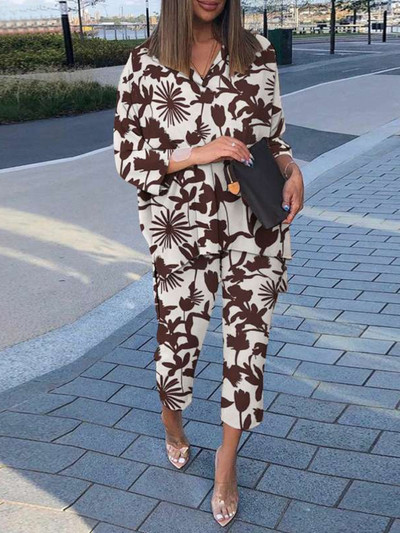 Moda de toamnă 2023 Set nou pentru femei Noua colecție asortată Cămașă cu imprimeu cu guler polo cu talie înaltă, pantaloni largi Set două piese