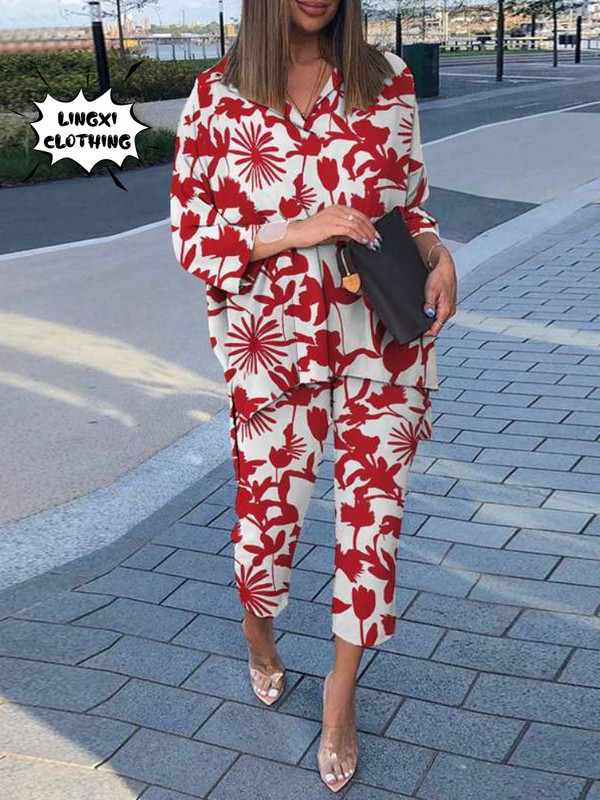 Moda de toamnă 2023 Set nou pentru femei Noua colecție asortată Cămașă cu imprimeu cu guler polo cu talie înaltă, pantaloni largi Set două piese