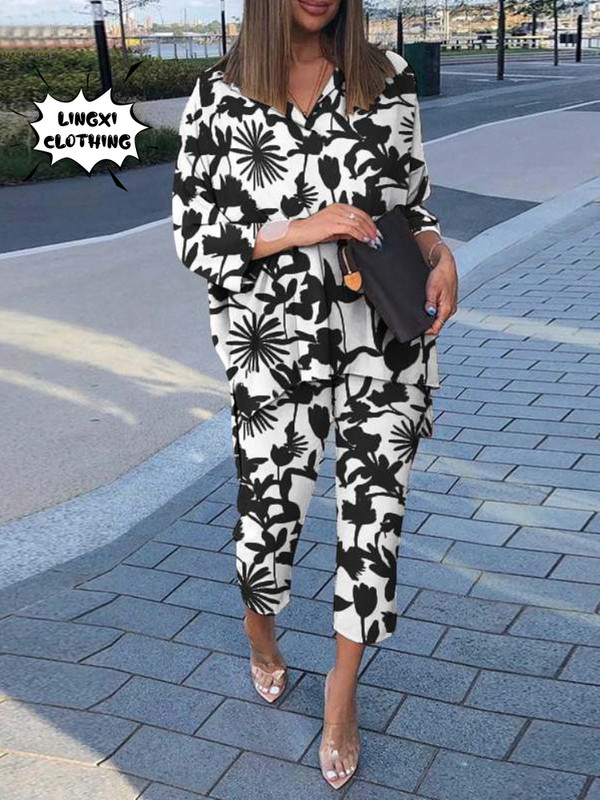 Moda de toamnă 2023 Set nou pentru femei Noua colecție asortată Cămașă cu imprimeu cu guler polo cu talie înaltă, pantaloni largi Set două piese