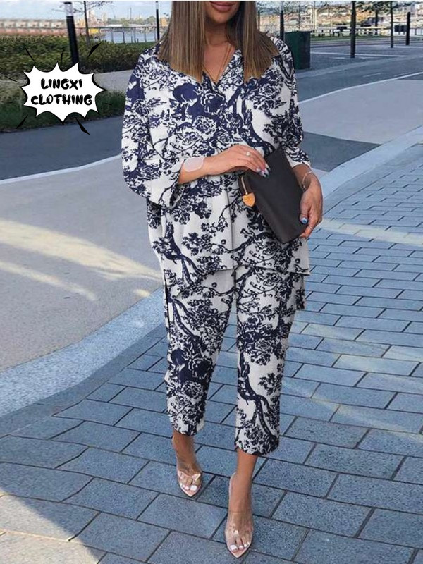 Moda de toamnă 2023 Set nou pentru femei Noua colecție asortată Cămașă cu imprimeu cu guler polo cu talie înaltă, pantaloni largi Set două piese