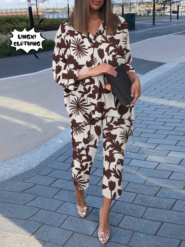 Moda de toamnă 2023 Set nou pentru femei Noua colecție asortată Cămașă cu imprimeu cu guler polo cu talie înaltă, pantaloni largi Set două piese