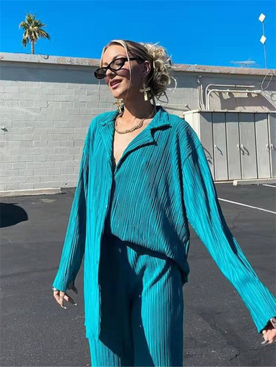 wsevypo Ženski plisirani kompleti hlača od 2 komada Proljeće Ljeto Ulična odjeća Košulja dugih rukava na kopčanje + hlače ravnih nogavica Široka odjeća