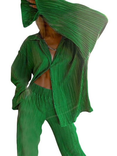 wsevypo Ženski plisirani kompleti hlača od 2 komada Proljeće Ljeto Ulična odjeća Košulja dugih rukava na kopčanje + hlače ravnih nogavica Široka odjeća
