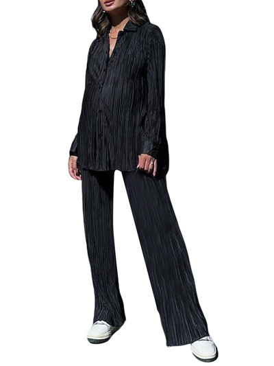 wsevypo Ženski plisirani kompleti hlača od 2 komada Proljeće Ljeto Ulična odjeća Košulja dugih rukava na kopčanje + hlače ravnih nogavica Široka odjeća