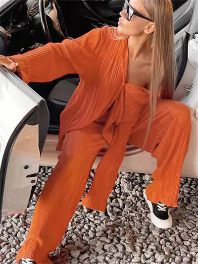 wsevypo Ženski plisirani kompleti hlača od 2 komada Proljeće Ljeto Ulična odjeća Košulja dugih rukava na kopčanje + hlače ravnih nogavica Široka odjeća