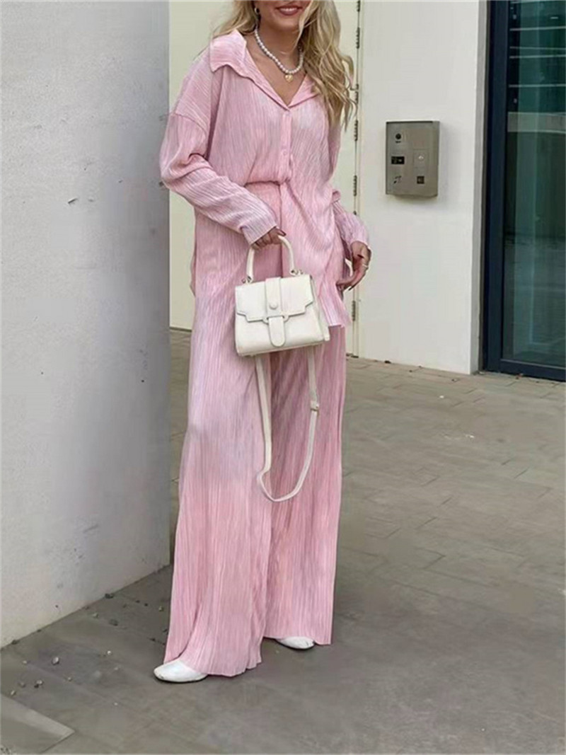 wsevypo Ženski plisirani kompleti hlača od 2 komada Proljeće Ljeto Ulična odjeća Košulja dugih rukava na kopčanje + hlače ravnih nogavica Široka odjeća