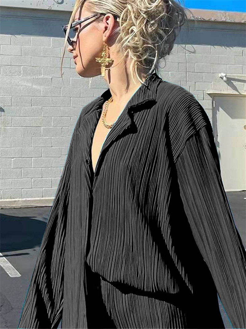 wsevypo Ženski plisirani kompleti hlača od 2 komada Proljeće Ljeto Ulična odjeća Košulja dugih rukava na kopčanje + hlače ravnih nogavica Široka odjeća