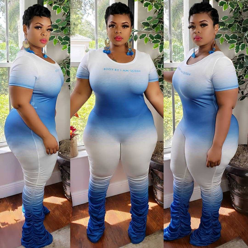 Σέξι ντεγκραντέ φερμουάρ κοντομάνικο πλισέ γυναικείο παντελόνι slim fit γυναικείο παντελόνι συν μέγεθος λευκό μπλε