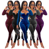 Seksīgi samta svītraini viengabala kombinezoni sievietēm ar garām piedurknēm, izgrieztām rombām Bodycon šaurs bodijs rudens ziemas elegants kombinezons