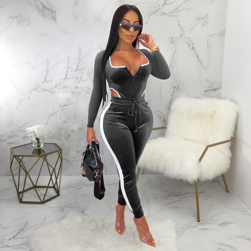 Seksīgi samta svītraini viengabala kombinezoni sievietēm ar garām piedurknēm, izgrieztām rombām Bodycon šaurs bodijs rudens ziemas elegants kombinezons