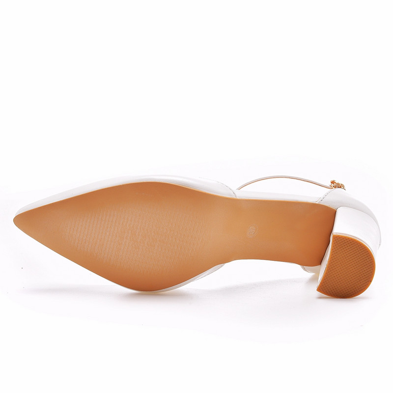 Crystal Queen Dámske 7CM hrubé vysoké podpätky Sexy lodičky Biele svadobné nevesty Topánky so špicatou špičkou a prackou Remienok Sandále